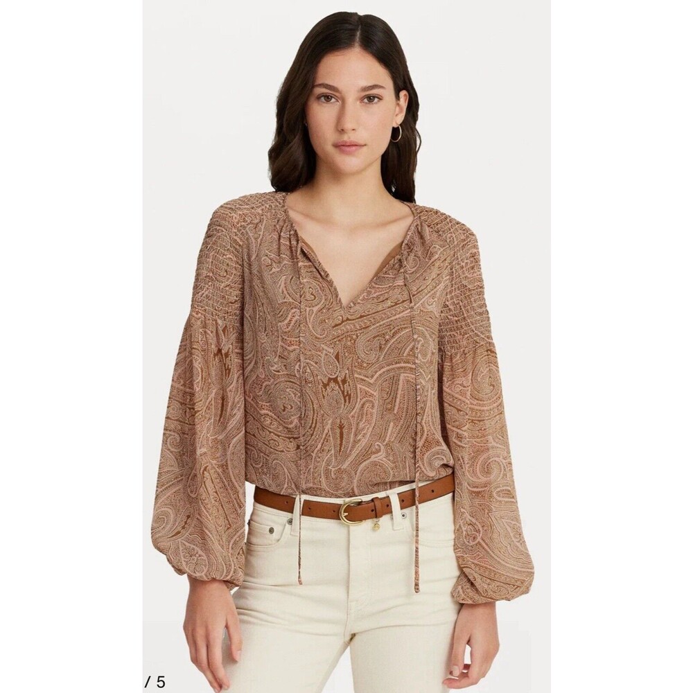 Lauren Ralph Lauren Blouse Grayelle Long Sleeve Blouse Paisley Print Sheer Xs